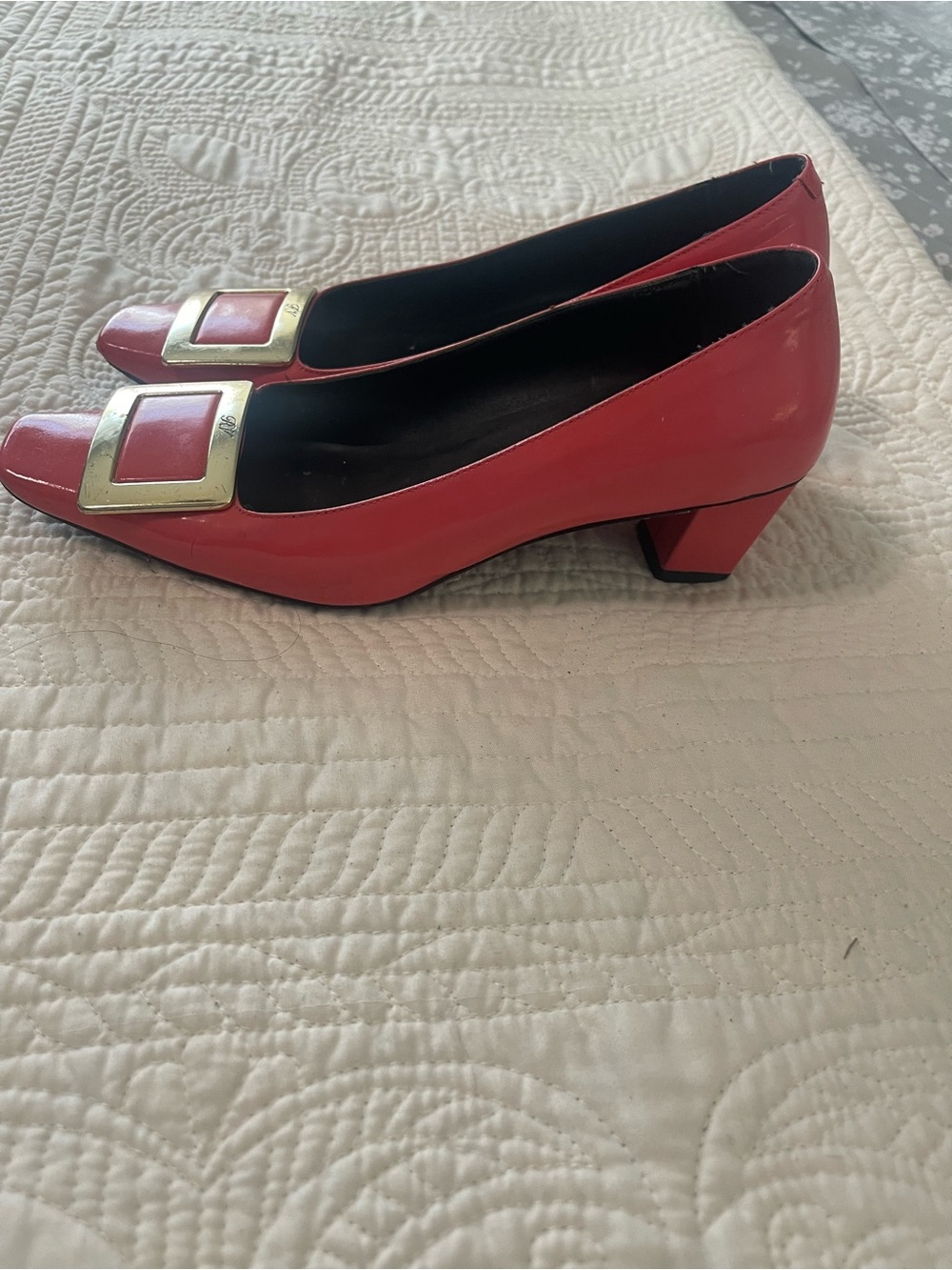 Roger Vivier Coral Pink Block Heel Pumps with Gold Buckle